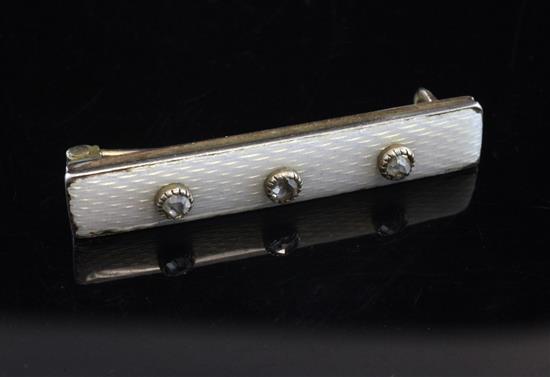 A late 19th/early 20th century 56 zolotnik gold, pale blue guilloche enamel and rose cut diamond bar brooch